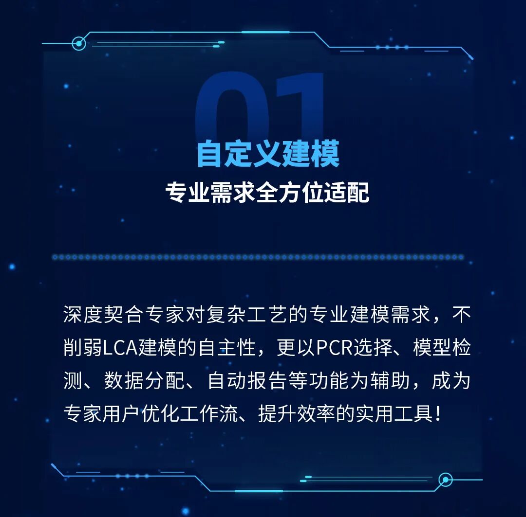 自定义建模专业需求全方位适配深度契合专家对复杂工艺的专业建模需求，不削弱LCA建模的自主性，更以PCR选择、模型检测、数据分配、自动报告等功能为辅助，成为专家用户优化工作流、提升效率的实用工具！